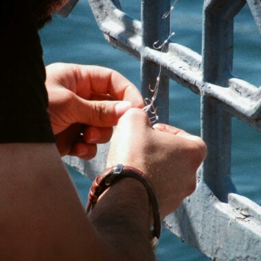 Close-up of a person setting up a fishing line by a waterfront railing.